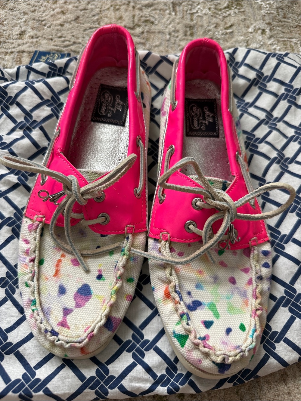 MILLY FOR SPERRY Speckle Canvas & Hot Pink Patent Leather Boat Shoes, Size 8.5